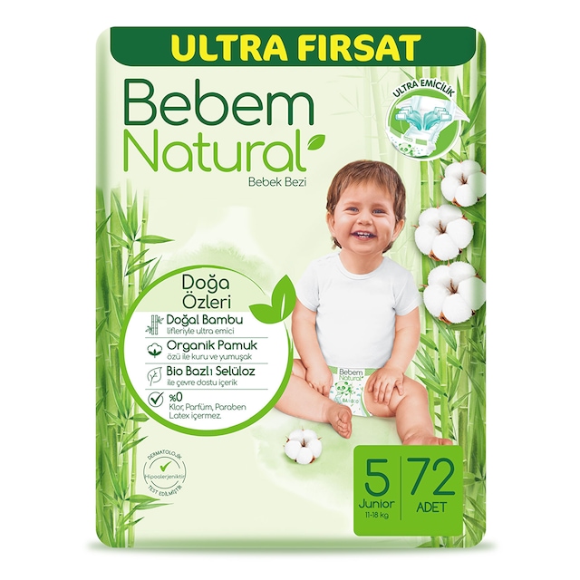 Bebem Natural Bebek Bezi 5 Numara Junior Ultra Fırsat Paketi 72 Adet