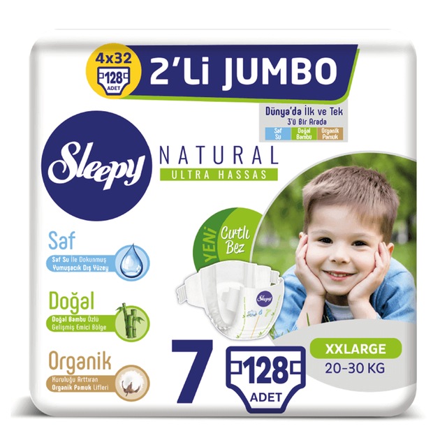 Sleepy Natural Bebek Bezi 7 Numara XXlarge 2'li Jumbo 128 Adet