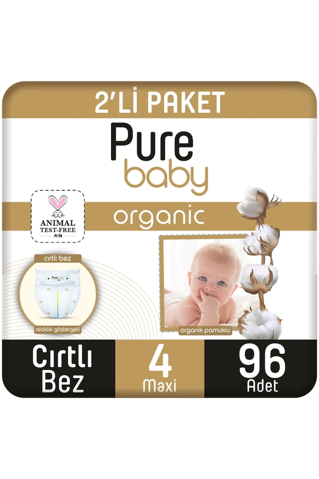 Pure Baby Organik Pamuklu Cırtlı Bez 2'li Paket 4 Numara Maxi 96 Adet