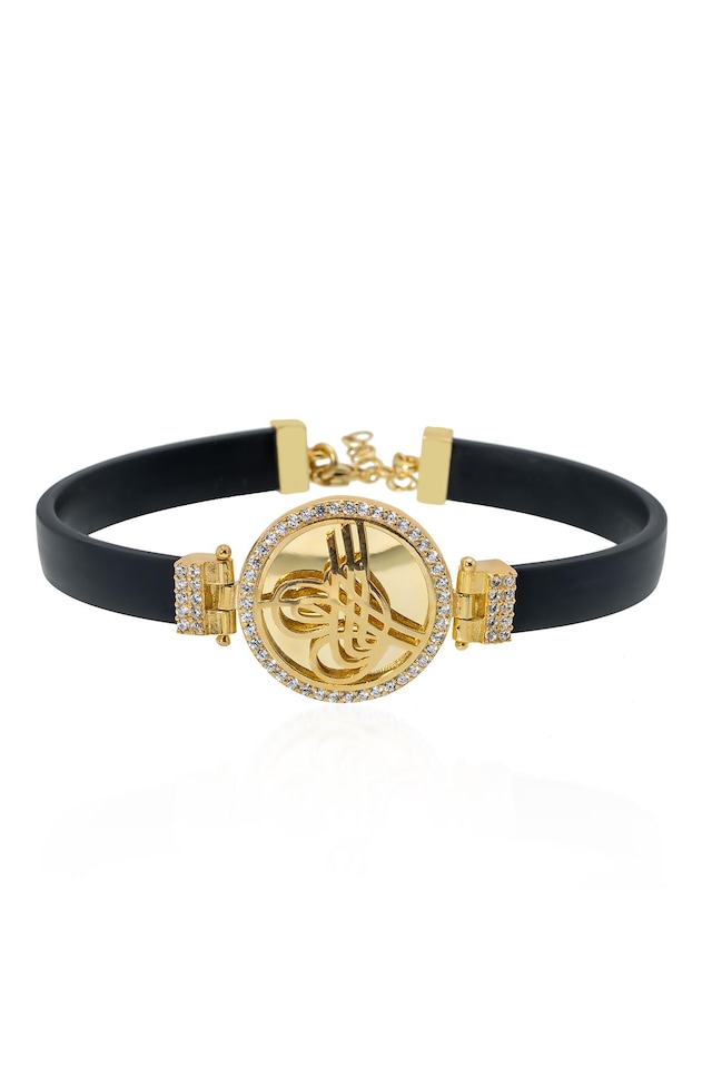 Gümüş Pazarım Siyah Kordonlu Altın Kaplama Osmanlı Tuğralı Gümüş