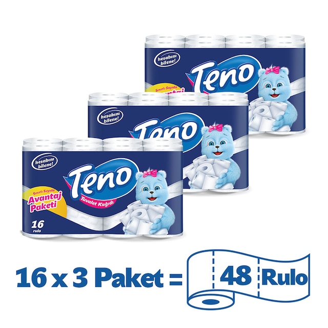 Teno Avantaj Paket Çift Katlı Tuvalet Kağıdı 3 x 16 Rulo