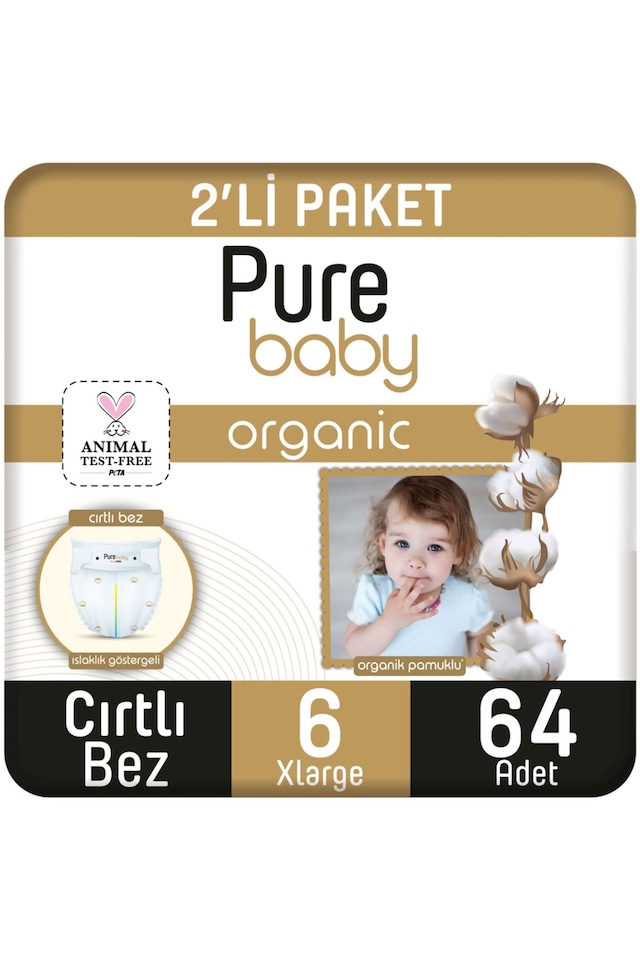 Pure Baby Organik Pamuklu Cırtlı Bez 2'li Paket 6 Numara Xlarge 64 Adet