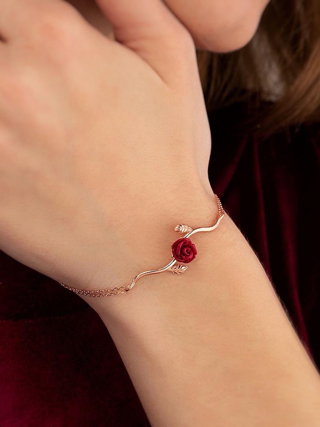 Gümüş Pazarım Kırmızı Gül Motifli Gümüş Bileklik