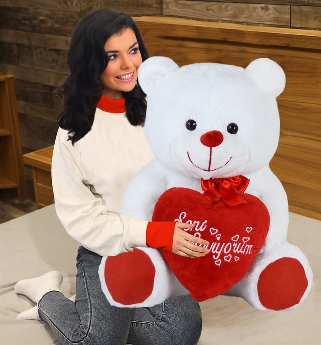 100 Cm Seni Seviyorum Kalpli Büyük Ayıcık Beyaz