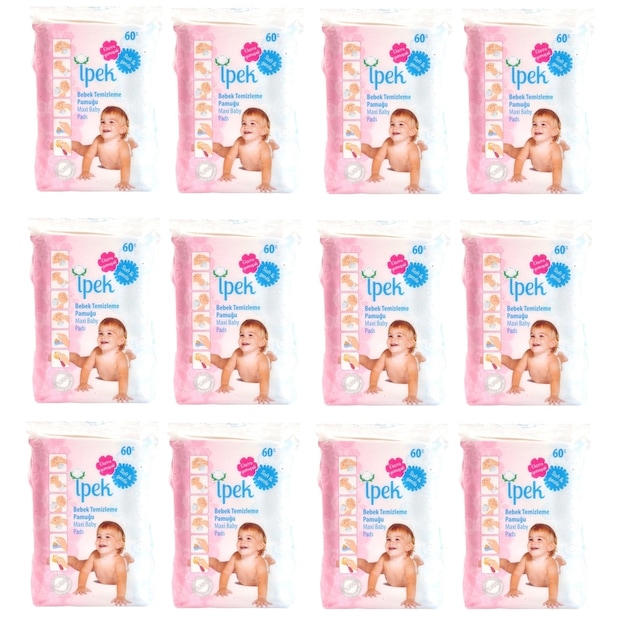 İpek Maxi 60'lı 12 Paket Bebek Temizleme Pamuğu