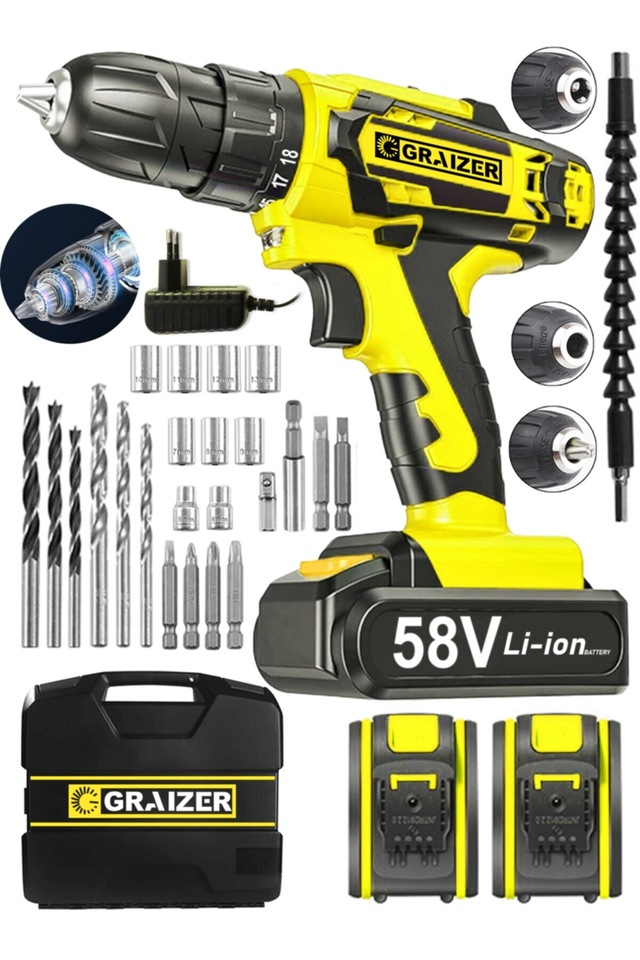 Graizer Alman V-Tec 58 V 5 Ah Çelik Motor - Şanzuman Darbeli Şarjlı Çift Akülü Vidalama Matkap