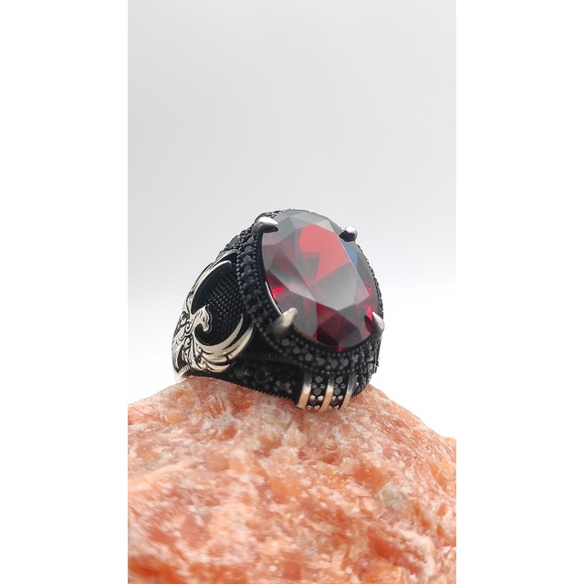 Gümüş Erkek Yüzük Kırmızı Zirkon Taşlı Anka Kuşu Figürlü