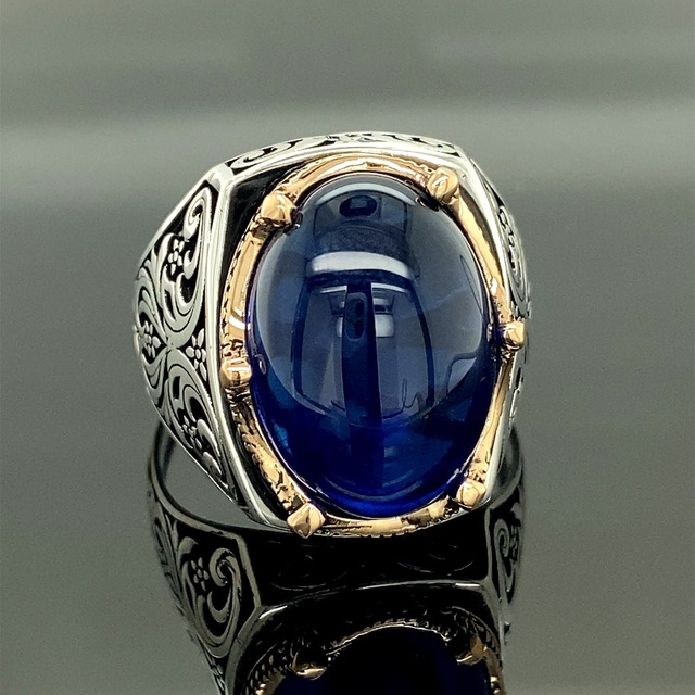 Gümüş Safir Taşlı Erkek Yüzük (498135131)