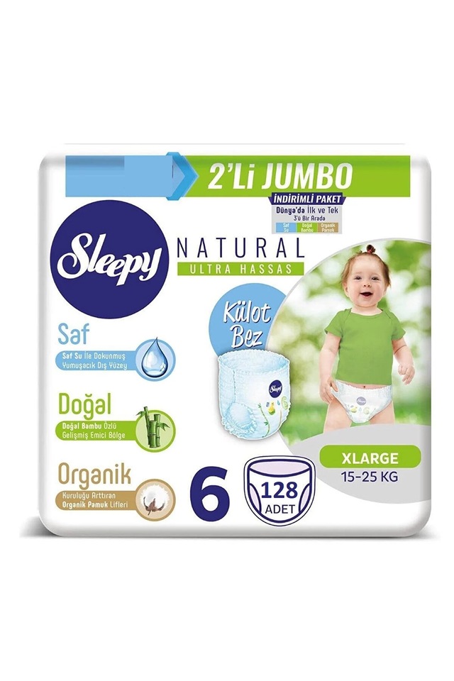 Sleepy Natural Külot Bez 6 Numara Xlarge 2'li Jumbo 128 Adet