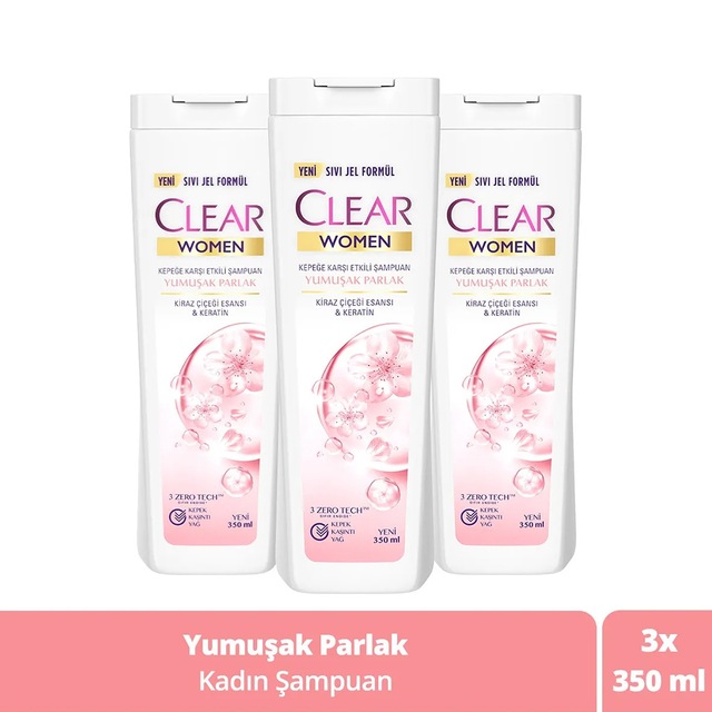 Clear Women Kepeğe Karşı Etkili Şampuan Yumuşak Parlak 3 x 350 ML