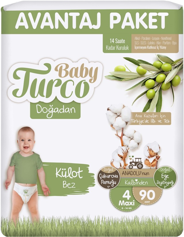Baby Turco Külot Bebek Bezi Doğadan 4 Numara Maxi 90 Adet