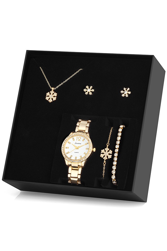 Altın Kaplama Kar Tanesi Kolye Küpe Bileklik Saat Seti Se