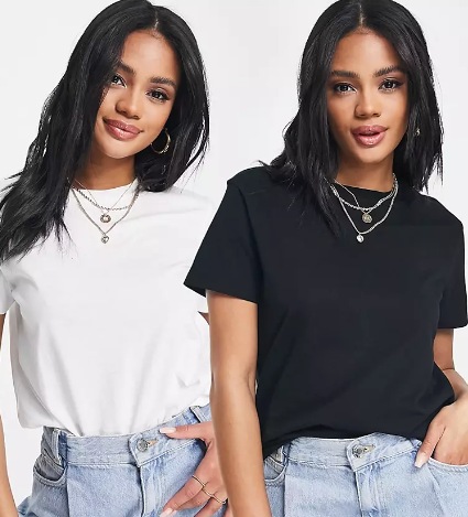 Kadın 2'li Beyaz Siyah Yuvarlak Yaka Tişört