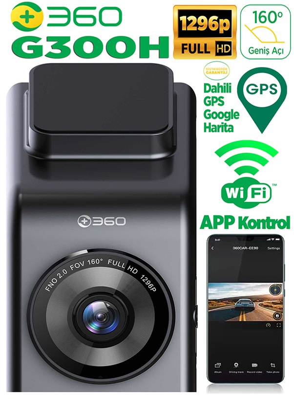 360+ G300H Wifi + GPS 1296P FHD 160° Geniş Açı Gece Görüşlü Akıllı Araç İçi Kamera