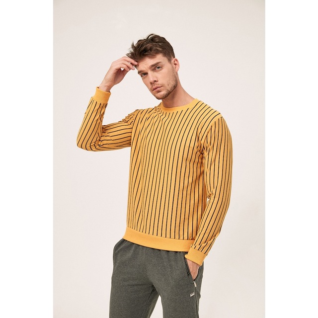 Fullamoda Çizgili Bisiklet Yaka Sweatshirt Sarı