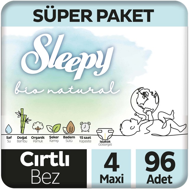 Sleepy Bio Natural Bebek Bezi 4 Numara Maxi Süper Paket 96 Adet