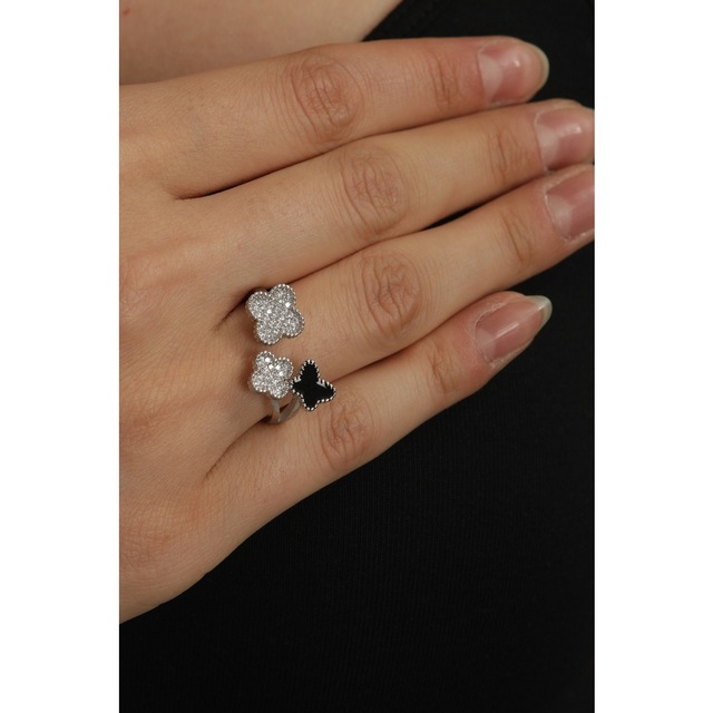 Siyah Kelebek Ayarlanabilir Gümüş Yüzük