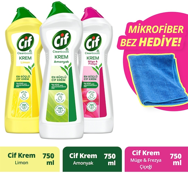 Cif Krem Yüzey Temizleyici 3 x 750 ML + Mikrofiber Bez Hediye