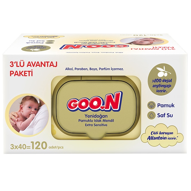 Goon Yenidoğan Pamuklu Islak Mendil 3 x 40'lı
