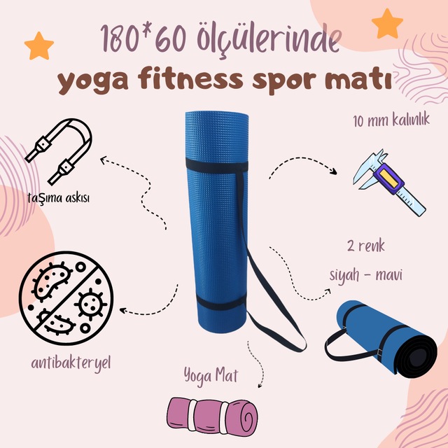 180X60Cm 10Mm Pilates Yoga Fitness Spor Taşıma Askılı Mat Minderi