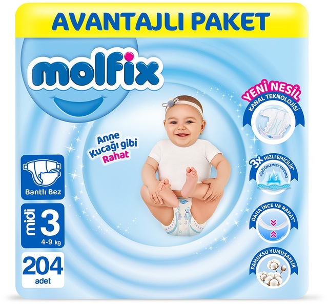 Molfix Bebek Bezi 3 Beden Midi Avantajlı Paket 204 Adet