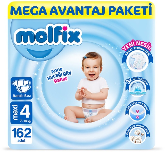 Molfix Bebek Bezi 4 Beden Maxi Mega Avn. Paket 162 Adet