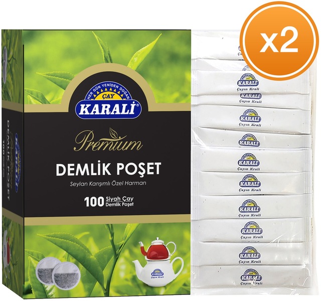 Karali Premium Siyah Demlik Poşet Çay 2'li 100 x 3.2 G + Şeker 200'lü