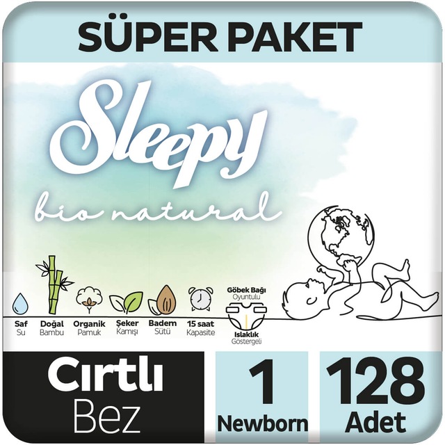 Sleepy Bio Natural Yenidoğan Bebek Bezi 1 Numara Süper Paket 128 Adet