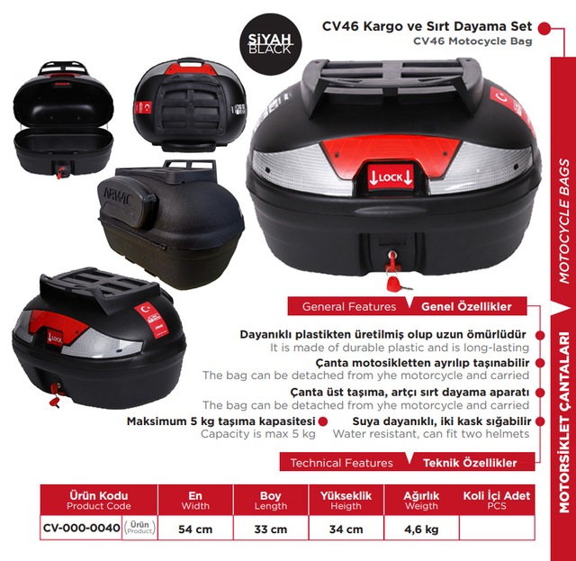 Cv 46 Kargo Ve Sırt Dayama Set Siyah Çanta Arwic