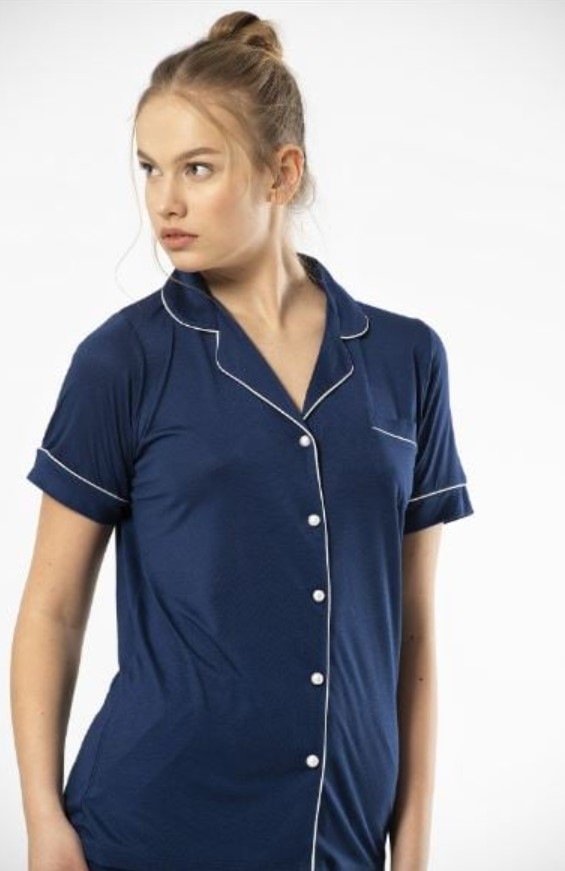 Kadın Düğmeli Pijama Takımı Boydan Düğmeli Takım Tampap- Lacivert