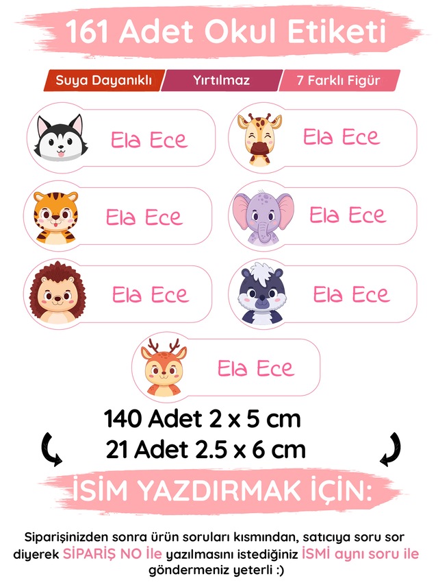 Esatoys Özel İsminiz Yazılı Okul Etiketi Kız/erkek