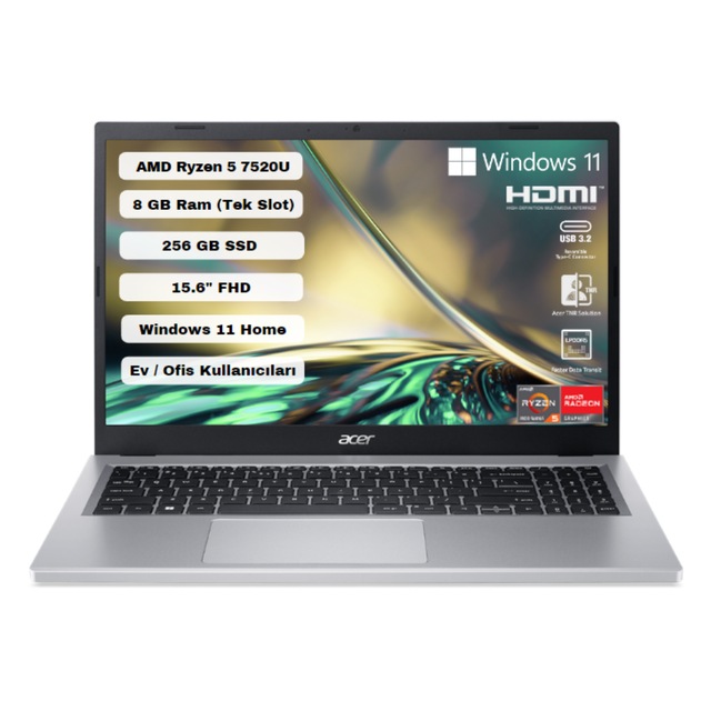 Acer Aspire 3 A315-24P NX.KDEEY.003 R5-7520U 8 GB 256 GB SSD 15.6" W11H FHD Dizüstü Bilgisayar
