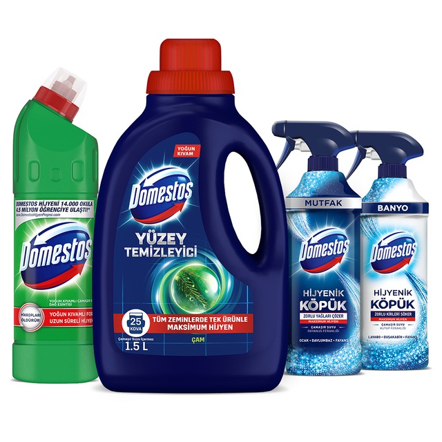 Domestos Çamaşır Suyu 750ml+Hijyenik Köpük Banyo+Mutfak+Çam 1500ml