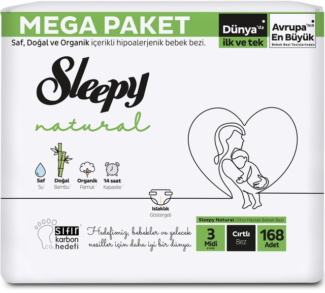 Sleepy Bebek Bezi Natural Beden:3 (4-9Kg) Midi 168 Adet Mega Pk