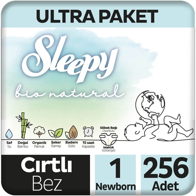 Sleepy Bio Natural Yenidoğan Bebek Bezi 1 Numara Ultra Paket 256 Adet