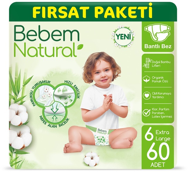 Bebem Natural Bebek Bezi 6 Beden Ekstra Large Fırsat Paketi 60 Adet