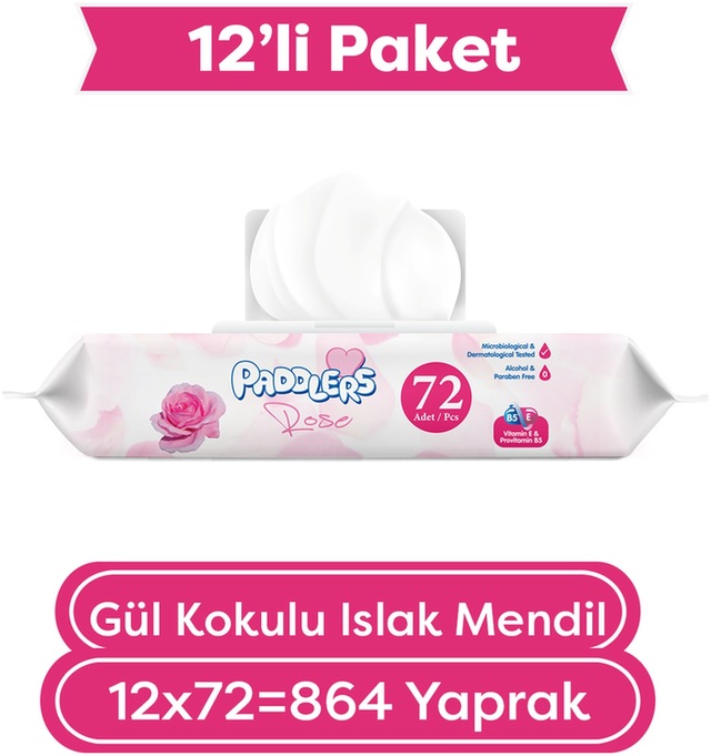 Paddlers Gül Kokulu Islak Mendil 12x72 li Koli (864 Yaprak)