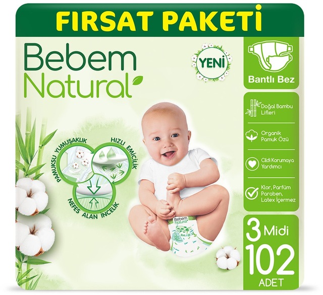 Bebem Natural Bebek Bezi 3 Beden Midi Fırsat Paketi 102 Adet