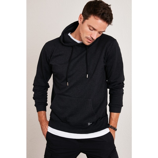 Buratti 5975002 Kanguru Cepli Şardonlu Slim Fit Kapüşonlu Kışlık Erkek Sweat Füme