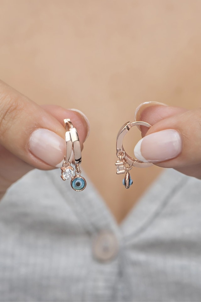 Nereze 925 Ayar Gümüş Rose 10 MM Halka Nazar Göz Küpe