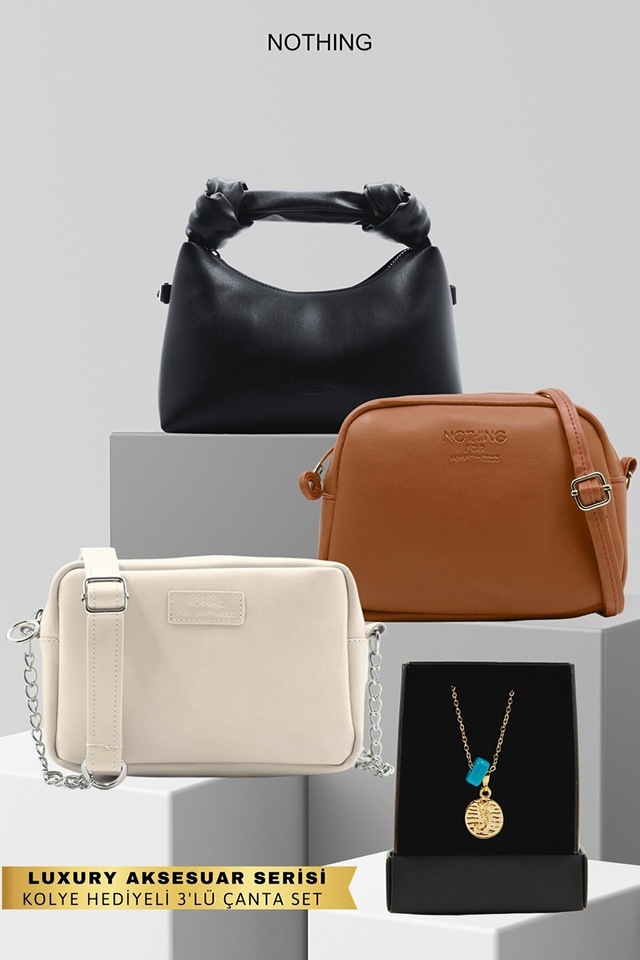 Kadın 3'lü Zincirli Çanta Urban Çanta Düğüm Detaylı Çanta Seti Kolye Hediyeli Siyah Taba Krem