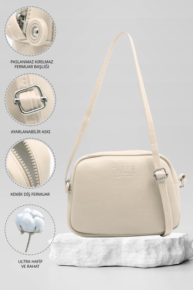Kadın Mini Urban Çapraz Askılı Fermuarlı Ayarlanabilir Askılı Model El Kol Ve Omuz Çantası Krem