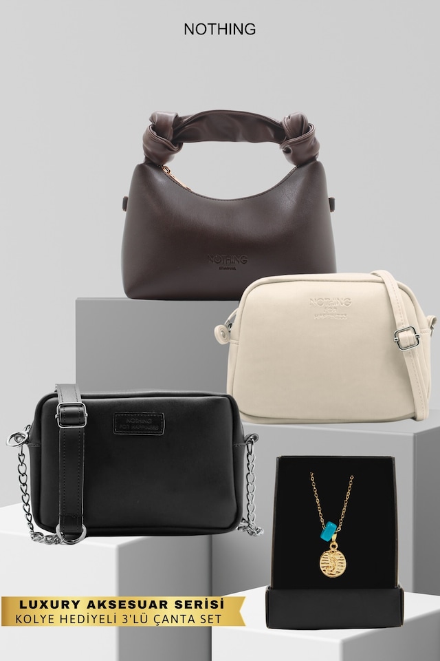 Kadın 3'lü Zincirli Çanta Urban Çanta Düğüm Detaylı Çanta Seti Kolye Hediyeli Kahve Krem Siyah