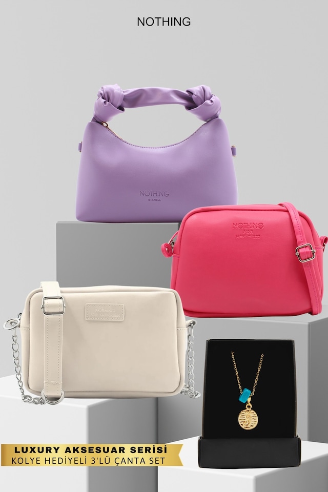 Kadın 3'lü Zincirli Çanta Urban Çanta Düğüm Detaylı Çanta Seti Kolye Hediyeli Lila Fuşya Krem