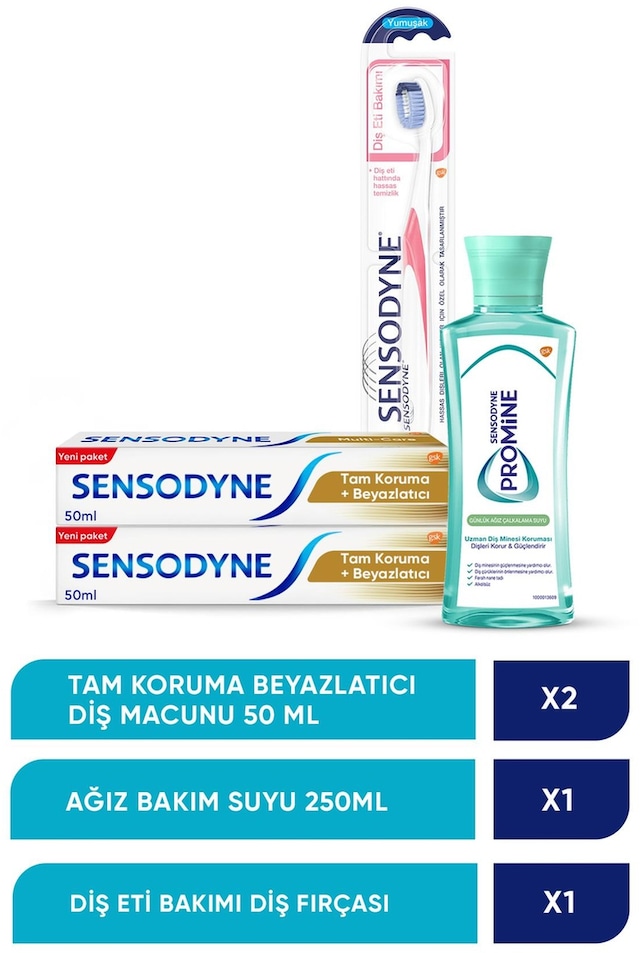 Sensodyne Tam Koruma Beyazlatıcı Diş Macunu 2 x 50 ML + Diş Eti Bakımı Diş Fırçası + Promine Ağız Bakım Suyu