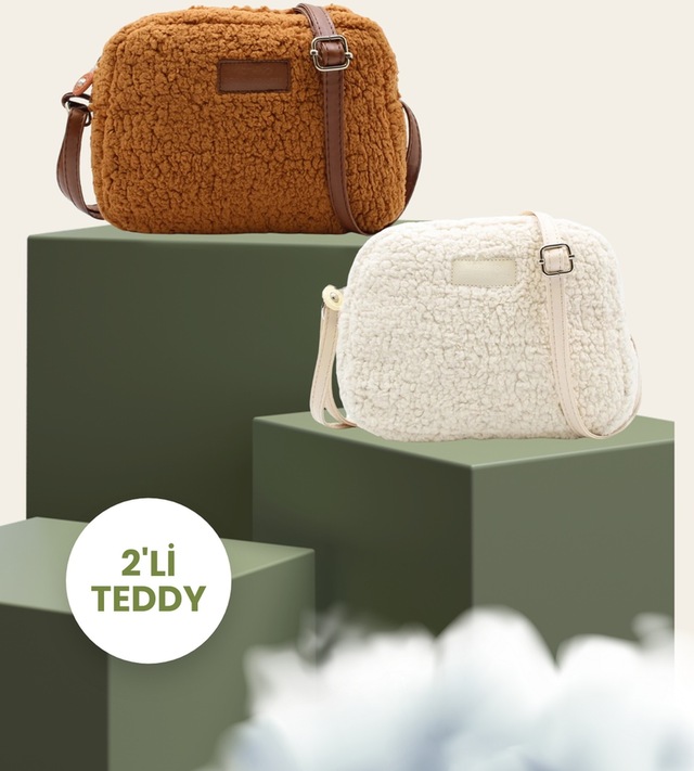 2'li Teddy Set Kürklü Peluş Mini Urban Çapraz Omuz Çanta - Taba-krem