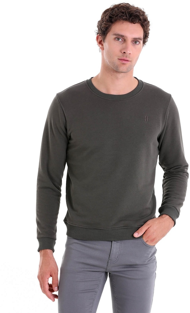 Hatemoğlu Haki Regular Fit Düz Pamuklu Bisiklet Yaka Sweatshirt