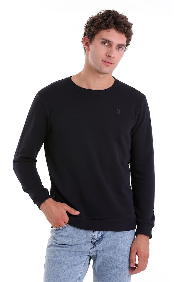 Hatemoğlu Lacivert Regular Fit Düz Pamuklu Bisiklet Yaka Sweatshirt