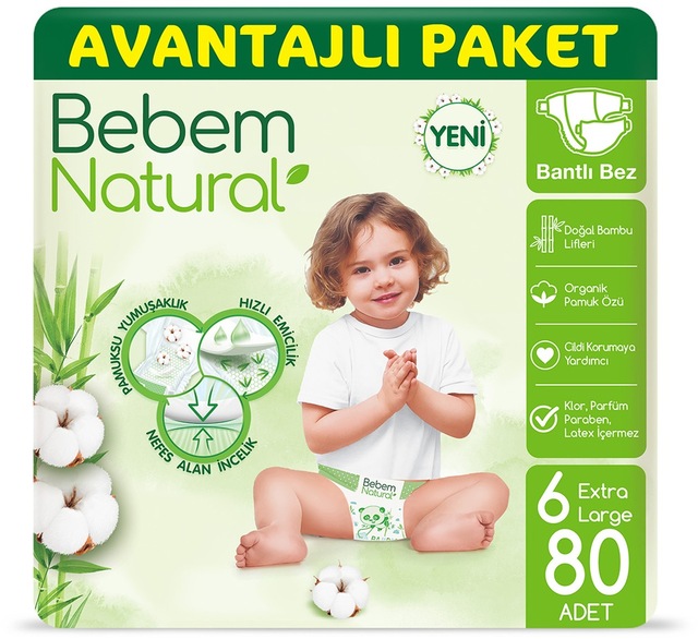 Bebem Natural Bebek Bezi 6 Beden Ekstra Large Avantajlı Paket 80 Adet