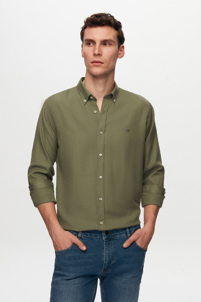 Ds Damat Slim Fit Haki Oxford Nakışlı Gömlek 4hc02ort03265